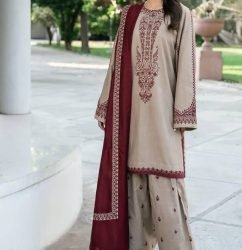 3 Pcs Dhanak Unstitched Premium Embroidered Suit – Ivory